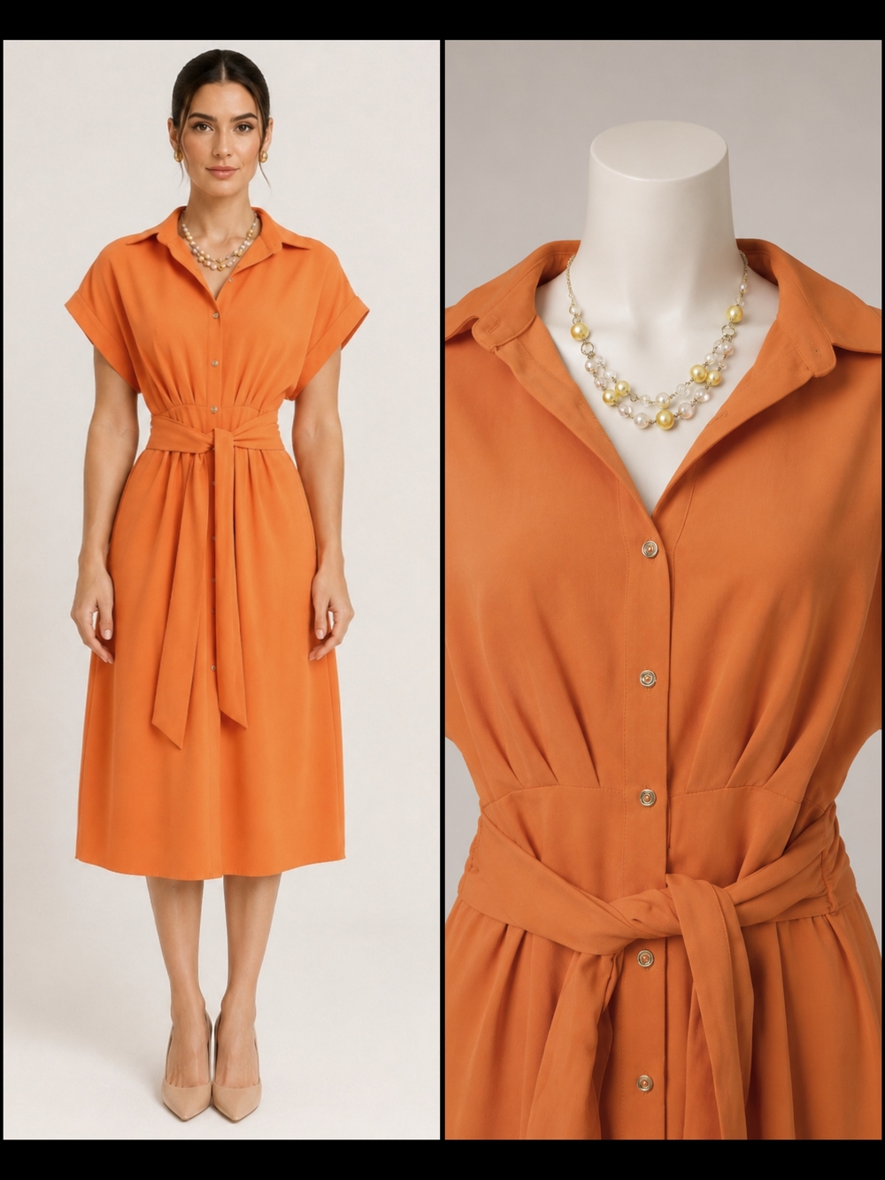 Worthington Womens Peach Orange Midi Shirt Dress Belted Waist Size XS w/Necklace